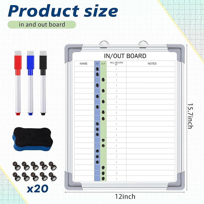 in and Out Magnetic Dry-Erase Board 16" x 12" Aluminum Framed White Board with Lines 21 Names with Magnetic Dry-Erase Marker, Eraser, and 20 Magnets Wall-Mounted for Office Employee
