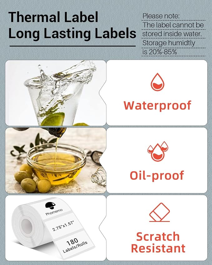 Phomemo M220 Thermal Labels 2.75"x1.57" for M220/M221/M250/M260, 170 PCS | 70x40mm Waterproof Thermal Sticker, 1 Roll, Use for Barcode, Logo,Listing, Business, Home,Organization, Office, White