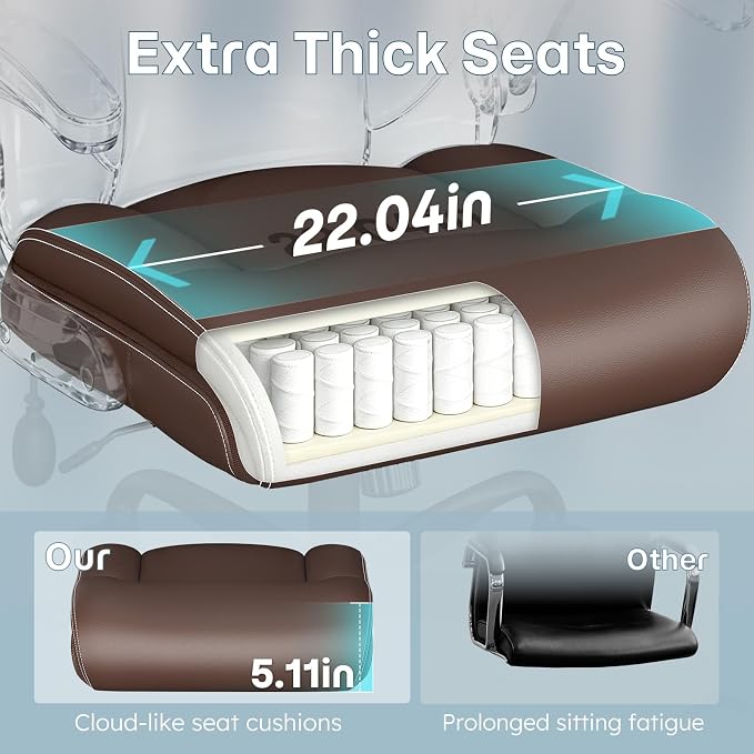 Ergonomic Office Chair, Big and Tall Office Chair, Executive Chair- Padded Leather Comfy Chair with Adjustable Lumbar Support & Flip-Up Arms, Rocking Swivel Chair for Home Office,Brown