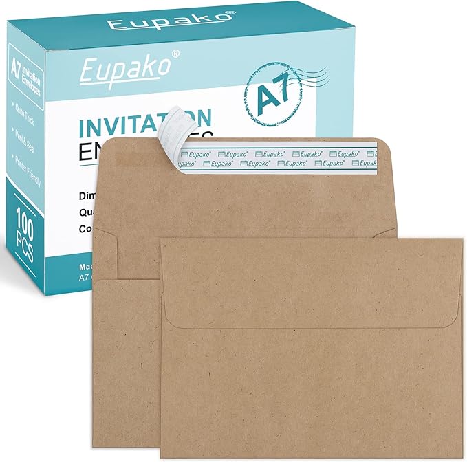Eupako 5x7 Envelopes Self Seal 100 Pack, Brown A7 Envelopes, Kraft Paper Envelope for 5x7 Cards, Photos, Invitations, Wedding, Graduation, Baby Shower, 5.25 x 7.25 Inches
