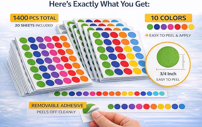 1400 Colored Dot Stickers, 3/4 Inch Round Color Coding Labels, Multi Color Circle Labels for Classroom Supplies, Office Organization, Pricing Stickers, Inventory Labels, Teachers, Kids Crafts