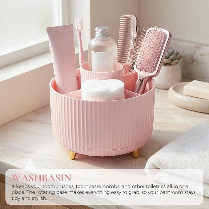 Pencil Pen Holder for Desk, 5 Slots 360 - Degree Rotating Desktop Organizer, Cute Desk Organizers and Accessories for School, Home, Office and Art Supply, Pink