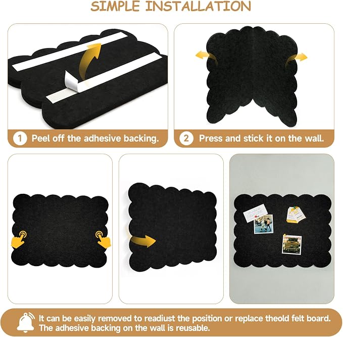 Felt Bulletin Board 36" x 24" Cork Board Alternative,Decorative Felt Pin Board Foldable Cork Boards for Walls Self-Adhesive Cork Board for Home Office Classroom Pin Board (Black)