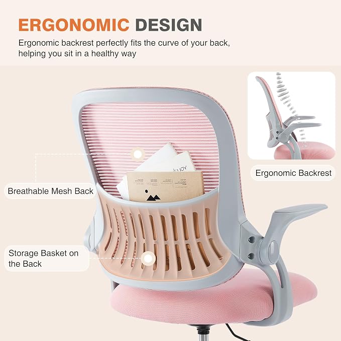 Sweetcrispy Home Office Chair, Mesh Office Chair, Lumbar Support, Pink | Adjustable Height, 360° Swivel Wheels, Mid-Back, Comfy Flip-up Arms for Small Space, Bedroom Study, Managerial Executive