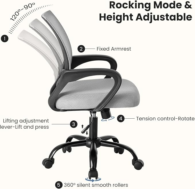 DUMOS Ergonomic Office Chair, Mid-Back Executive Desk Chair 2 Pack | Comfortable Lumbar Support, Breathable Backrest, Fixed Armrest, Height Adjustable, 360° Swivel, Computer Gaming, Grey