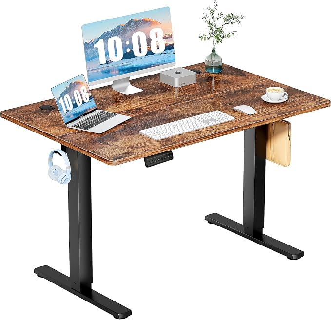 DUMOS 48 Inch Electric Standing Desk, Memory Adjustable Home Office Desk | Sit Stand Up Desk for Work Home Office,Adjustable Desk, Rising Computer Table with Splice Board,Cable Management,Hook,Brown