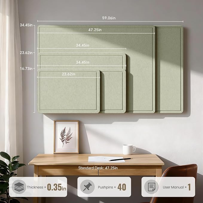 Large Bulletin Board, 48 X 35 Inches Felt Cork Board with 40 Pushpins, Foldable Felt Notice Pin Board Photo Display Board with Self-Adhesive Tape for Office Home School (Sage, 48x35 inch)