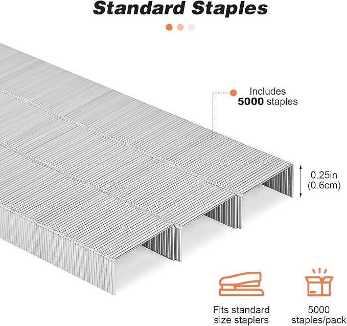 Stapler with 5000 Staples - 25 Sheet Capacity, Staplers for Desk, Orange | Non-Slip Office Stapler for classroom, home, School