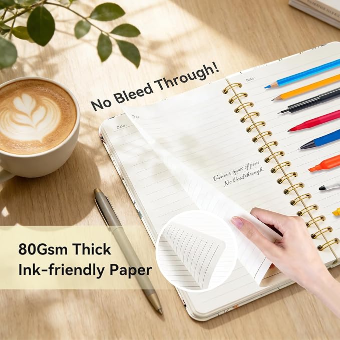Lined Spiral Journal Notebook for Work A5, 160 Pages, Leaf | College Ruled Spiral Journal for Women, Hardcover with Elegant Design for Note-Taking, 5.5 * 8.25 inch