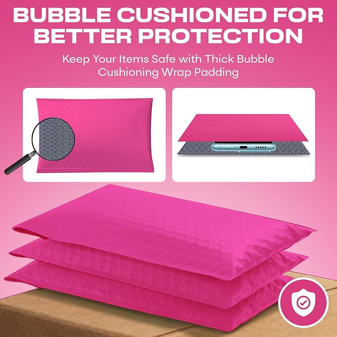 Hot Pink Bubble Mailers 9.5x14.5 Poly Padded Envelopes #4, 200 Pack | Fits Books & Magazines, Self-Seal Closure, Cushioned Protection, Water-Resistant Poly, Bulk Pack