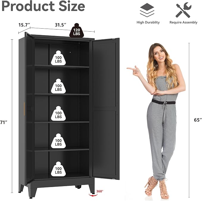 Bevivog Metal Kitchen Pantry Cupboard Cabinet, 71" Black Utility Storage Cabinets with 2 Doors and 4 Adjustable Shelves for Kitchen/Home Office/Dining Room/Living Room