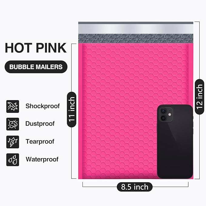 UCGOU Bubble Mailers 8.5x12 Inch 40 Pack Usable Size 8.5x11 Inch Hot Pink Padded Envelopes Medium Waterproof Packaging Bags for Shipping Self Seal Strong Adhesive Envelope for Jewelry Makeup Supplies