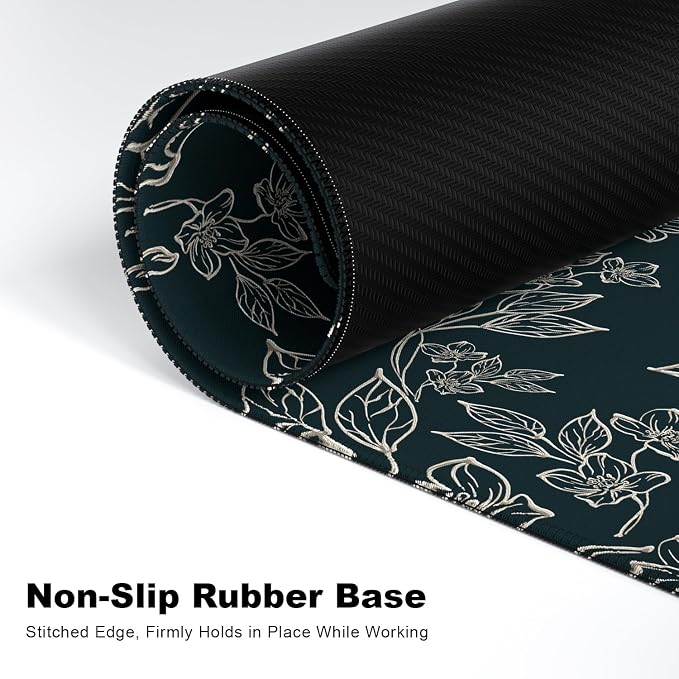 Desk Mat, Large Gaming Mouse Pad, 32" x 12", Retro Line Floral | Waterproof Desk Pad, Non-Slip Rubber Base, Desktop Mat with Stitched Edges, Desk Accessories for Office, Work, Home