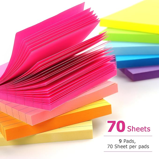 Early Buy Lined Sticky Notes 3x3 inch, 9 Bright Colors, 70 Sheets/Pad | 9 Pads, Self-Stick, Ideal for reminders, lists, and office organization