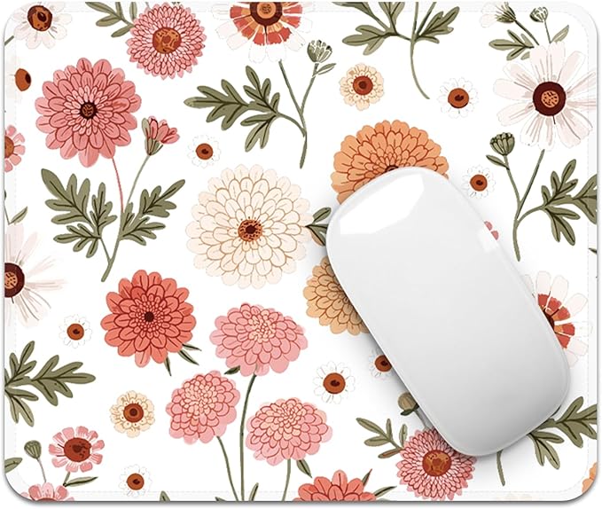 Mouse Pad with Stitched Edges - Cute Floral Mousepad for Women, 9.25 x 7.75 inch Washable Square Desk Pad, Non-Slip Rubber Base, Office Home Laptop Accessories - Coral Daisy