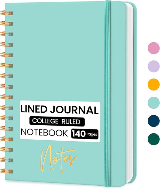 Lined Spiral Journal Notebook, A5 College Ruled Notebook for Journaling, Note-Taking, and Daily Planning, Durable Hardcover with an Elegant Design, Seafoam