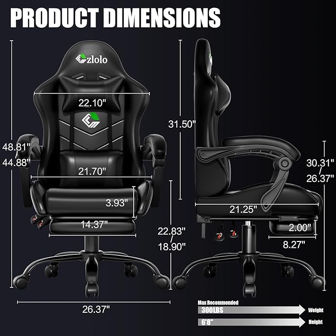 Gaming Chair, Ergonomic Office Computer Chair with Footrest and Lumbar Support Massager Racing Style High Back Video Gamer Chair, Wide＆Thick Cushion, 90°-135° Recline, Adjustable Height, Black