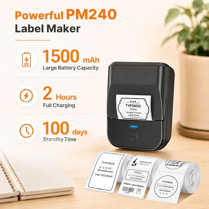 PM240 Label Maker Machine with 3 Tapes, Label Printer Black, Set 2 | 2'' Bluetooth Thermal Sticker Label Maker for Small Business, School Supplies, Classroom, Home Office with Multiple Templates