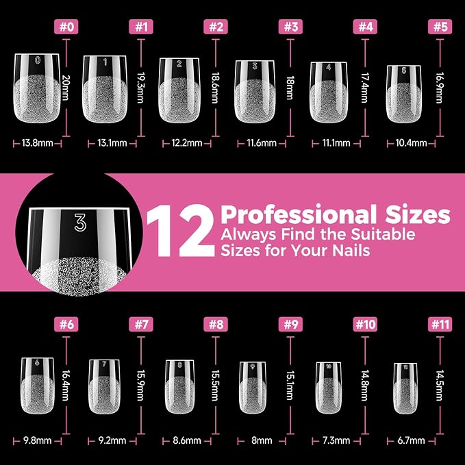 UNA GELLA Short Sharp Square Nail Tips 504pcs Short Square Press on Nails | Pre Etched Acrylic Fake Nails for Full Cover Nail Tips DIY Nails Salon at Home 12 Sizes