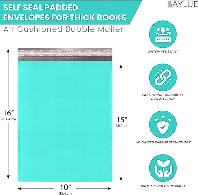 Teal 10.5x16 Inch Poly Bubble Mailers #5 | Self Seal Large Padded Envelopes | Air Cushioned Bubble Mailer | Usable Size 10.5x15 Inch | Waterproof Lightweight Mailing Shipping Bags | 100 Pack Bulk