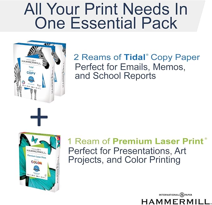Hammermill Printer Paper, Back To Business Essential Bundle - Includes 2 Reams of Tidal Copy Paper and 1 Ream of Premium Laser Printer Paper
