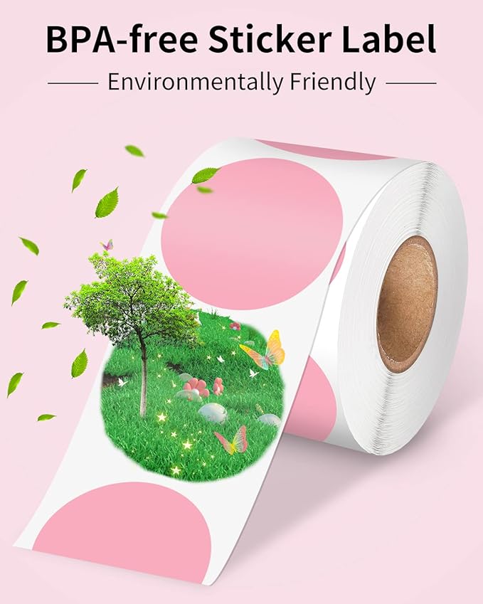 Phomemo Genuine 2” Pink Circle Thermal Labels, 2x2 Self-Adhesive Round Sticker Label, Circular Direct Labels Compatible with Phomemo 241bt Labels Printer, 750 Labels/Roll, White,Commercial Grade