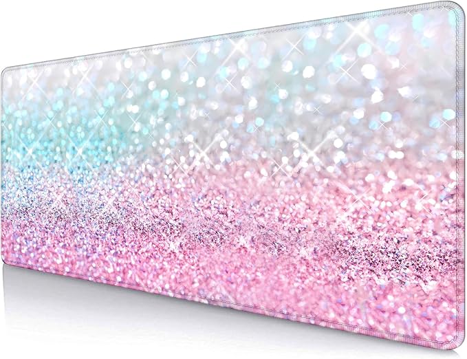 Gradient Glitter Large Mouse Pad, Pink Blue Sparkle Desk Pad, Pastel Cute Writing Desk Mat, Non-Slip Rubber Long Mousepad for Laptop Computer Gamer Home&Office, 31.5x11.8 in