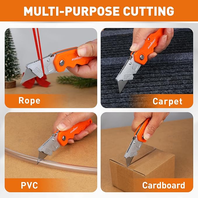 HORUSDY 20-Pack Folding Utility Knife Set, Heavy-Duty Box Cutters with 100 Extra Razor Blades, Quick-Change Foldable Knives for Drywall, Carpet, Boxes, Color-Coded Handles for Jobsite & Home Use