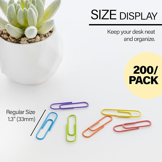 2 Pk, Bazic Vinyl-Coated #1 Regular Assorted Paper Clips, 33mm, 200 Per Pack