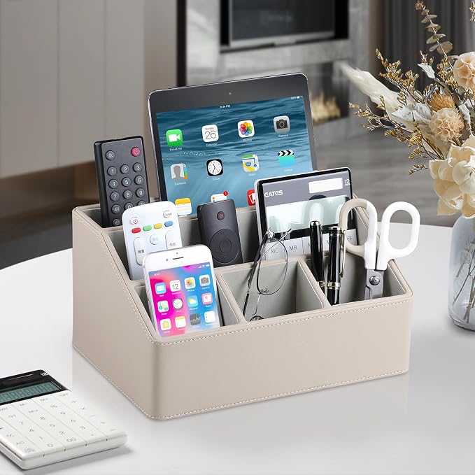 PU Leather Desk Organizer, Remote Control Holder, Dark Beige | Luxury Nightstand Organizer for Home, Office Desk Accessories, Bedside Table Caddy with 5 Compartments, Velvet Lining
