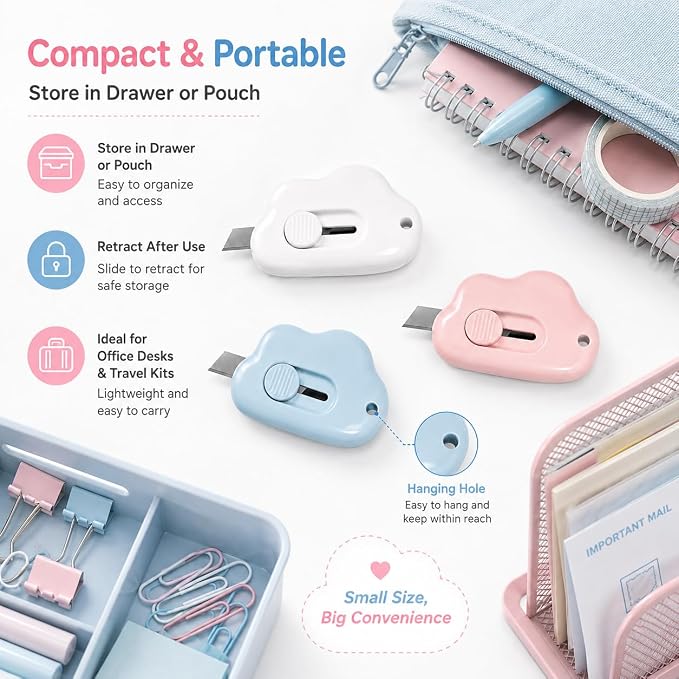 3Pcs Utility Knife Box Cutters Cute Cloud, Retractable Letter Opener, Sharp Cartons Cardboard Cutter Razor Knife for Christmas, Paper Cutter with Razor Blade, Portable Office Stationery
