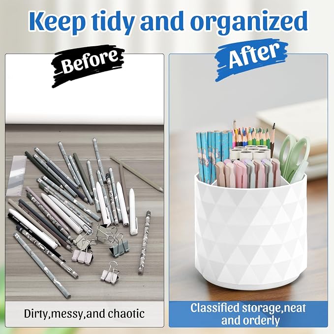 minimaliving Desk Organizer,Sparkling Diamond-like Pen Holder for Desk 360°Rotating Office Accessories,Pencil Cup with 5 Compartments Storage Box Caddy for Office,School,Home,Art Supply(White)