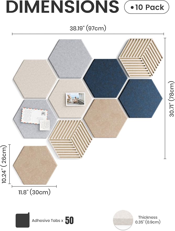 Fluxynara 10-Pack Hexagon Cork Board Alternative, Nordic Slate | Felt Bulletin Board with 50 Adhesive Tabs, Ideal for Vision Boards and Wall Decor in Homes, Offices, Classrooms, and Dorms