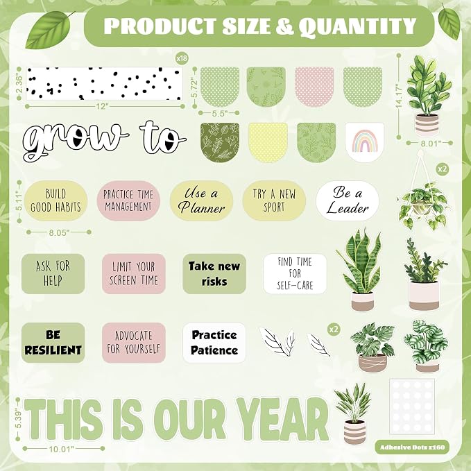 55Pcs This is Our Year to Grow Bulletin Board Decorations, Boho Classroom Decor Greenery Plant Inspirational Cutouts Welcome Back to School Bulletin Board for Teacher Supplies Office Door Wall Decor