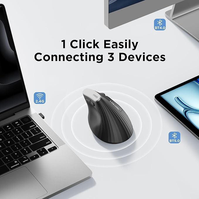Uineer Vertical Ergonomic Mouse, Wireless Bluetooth Mouse, 3-Device,Quiet | Switch among 3 devices; side scroll wheel supports horizontal navigation for documents and spreadsheets.