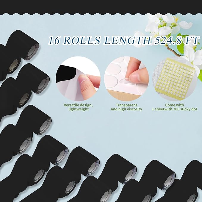 16 Rolls 524.8 Ft Black Bulletin Board Borders Set - Scalloped Trim for Classroom Decor, Office, School Decorations - Teacher Borders for Bulletin Boards, Wall & Theme Supplies