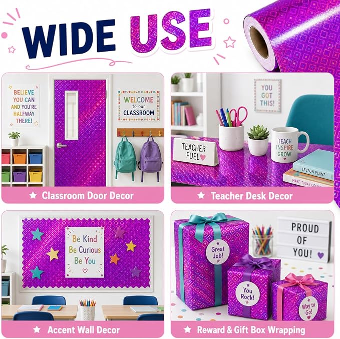 Purple Iridescent Bulletin Board Paper Roll,17" x20 Ft Bulletin Board Background Paper Roll,Fade Resistant Wrinkle Resistant Poster DIY Crafts Paper Glitter Wallpaper Classroom Office Home Dec
