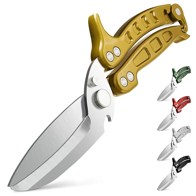 4-in-1 Multifunction Heavy Duty Kitchen Shears – Sharp Seafood, Fish, Turkey & Chicken Shears with Non-Slip Metal Handle & Micro-Serrated Blades for Meat – Spring-Loaded Bone Scissors (Gold)