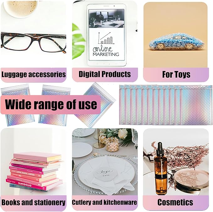 50 PCS Metallic Bubble Mailers,Poly Padded Envelopes,Holographic Bubble Mailers,Waterproof Shipping Bags,Self Seal Foil Glitter Glamour Cushion Envelopes for Mailing,Packing,Small Business