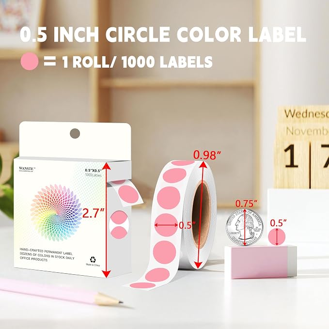 1000 PCS Colored Dot Stickers 1/2" Round Circle Colored Coding Labels Dot Stickers for Toddlers,Classroom,Office (Pink)