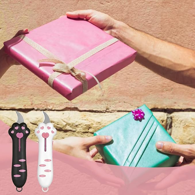 2 PCS Cat Paw Retractable Box Cutter — Cute Kawaii Utility Knife | Portable Cat Claw Knife with Handle,Multifunctional Mini Utility Knife for Boxes Envelopes,Packages,Lock+One-Click Retract