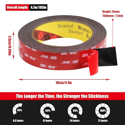 Double Sided Tape Heavy Duty, Waterproof Mounting Foam Tape, 16.5ft Length, 0.98in Width, High Temperature Resistant Adhesive Tape for Car, LED Strip Light, Office Decor, Uses VHB 5952 Raw Material