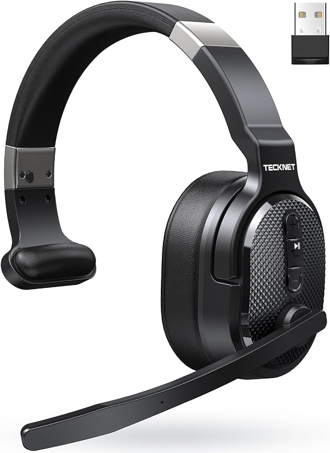 TECKNET Bluetooth Trucker Wireless Headset, Noise Cancelling Mic for Work | Single Ear, 50Hrs Battery, 3 EQ Music Modes, Clear Mic Wireless Headset for PC, Truck Drivers, Office & Call Center