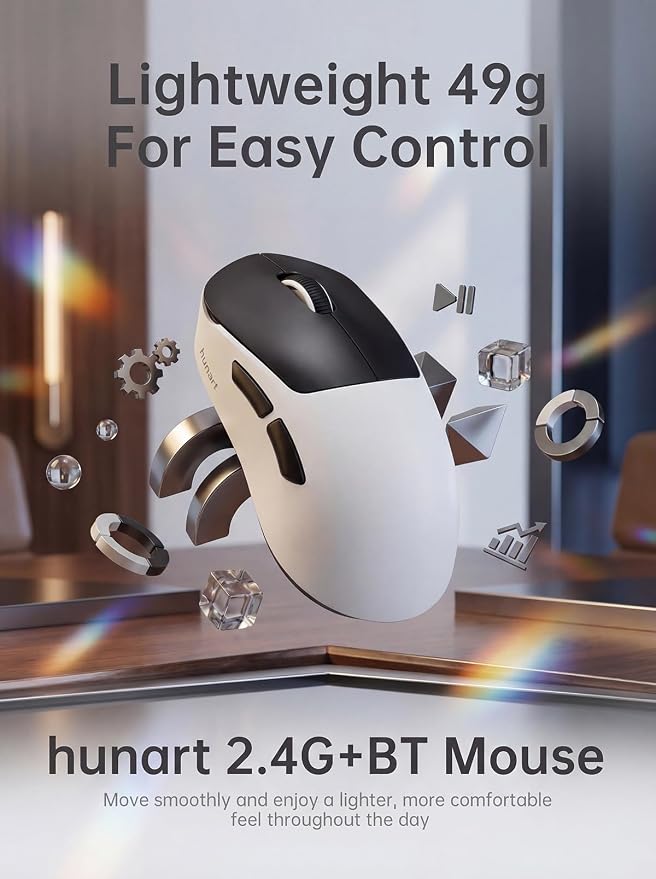 hunart H6 49g Wireless Mouse, Bluetooth & 2.4GHz, Rechargeable, Black＆White | Silent Clicks, USB-C Charging, Two Ways to Connect, Lightweight Right-Hand Ergonomic Comfort, For Laptop, Computer, Mac