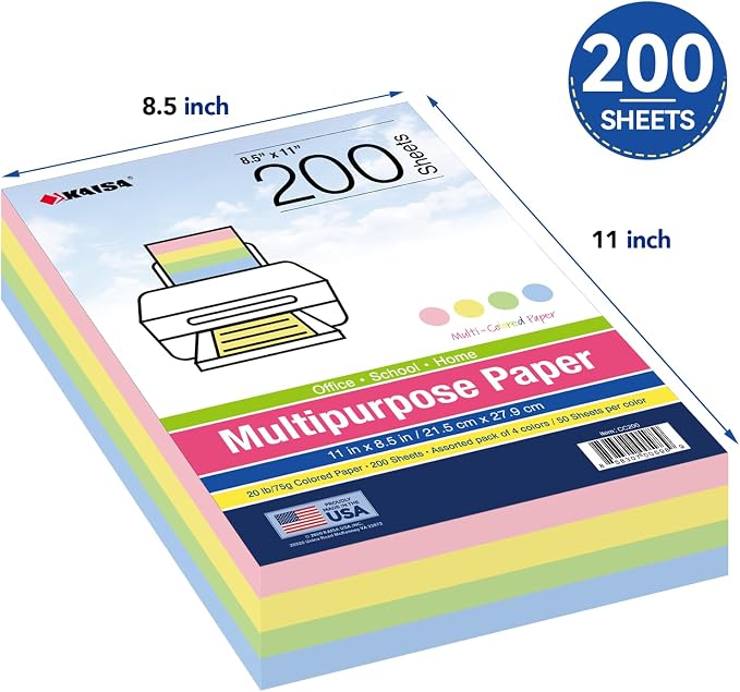 Colored Paper 8.5 x 11 - Copy Paper, 200-Pack Letter Size for Printer, Arts & Crafts, DIY Projects - Pink, Green, Blue, Yellow - School & Office Supplies