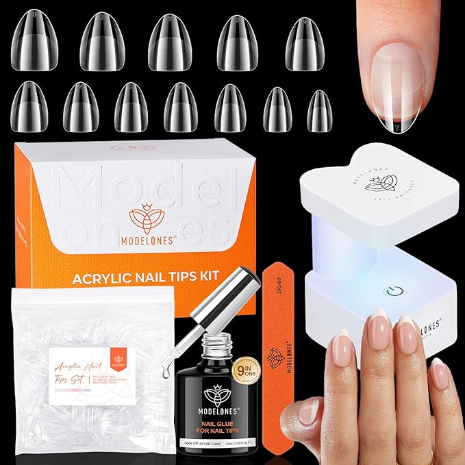 modelones X Nail Gel Kit Extra Short Almond, 9-in-One Nail Glue with Portable U V Lamp 216Pcs 12Sizes Pre-Etched Press ons Fake Acrylic Extension Kit DIY Salon Gift for Women