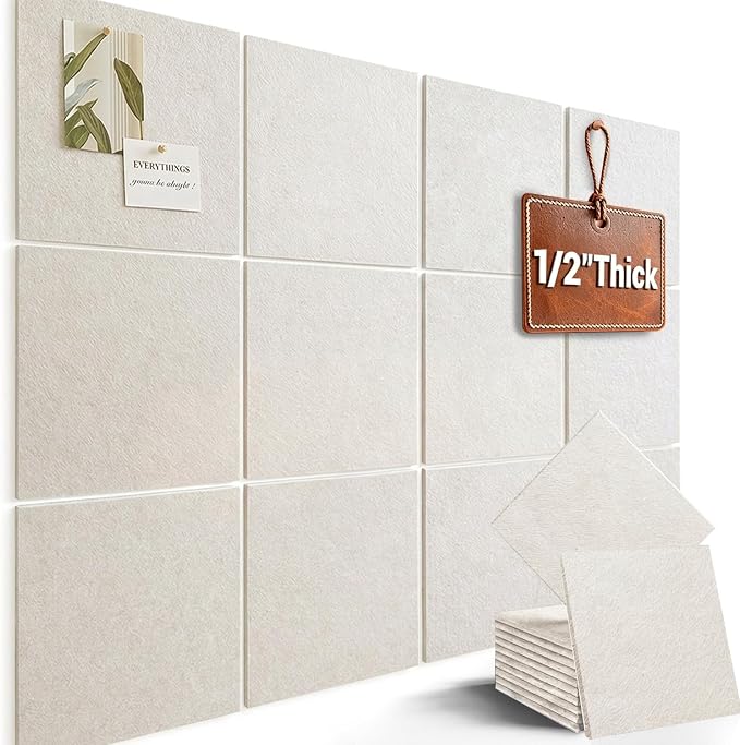 48" x 36" Large Felt Bulletin Board 1/2" Thick, Oatmeal | 12 Pack Felt Tiles, Cork Board Alternative, 60 Adhesive Tabs, Pin Board for Home Office Decor with Easy Install