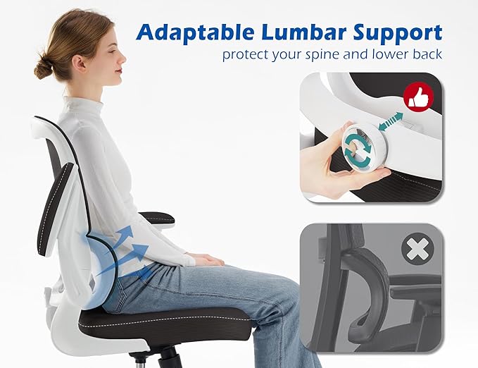 TRALT Ergonomic Office Chair Desk Chair with Adjustable Lumbar Support | Desk Chair Comfy with Flip-up Armrests Ergonomic Chair - Mesh Computer Chairs for Adults, 330lbs, PU Leather (Black White, 1)