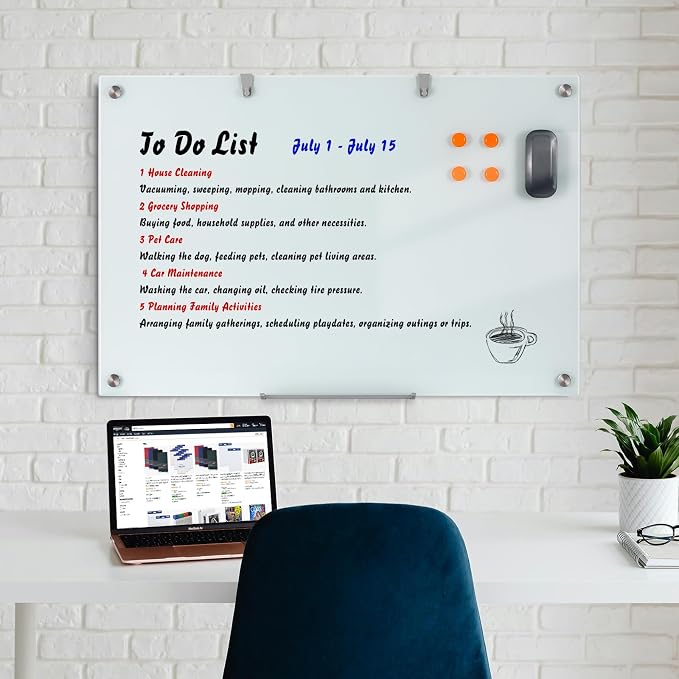Wingwise Glass Dry Erase Board, 36 x 24 Inches Magnetic Glass Whiteboard | Wall Mount, 3' x 2' Frameless Glass Board for Office, Home, School