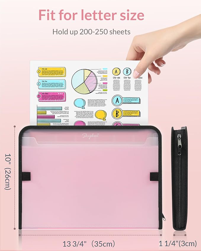 SKYDUE Accordion File Organizer, 7 Pocket Expanding File Folder with Front Pocket, Important Document Organizer with Double Zipper, School Office Supplies，Pink Folder